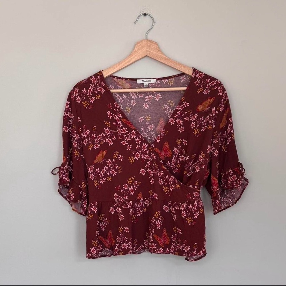 Madewell Burgundy Floral Wrap Crop Blouse